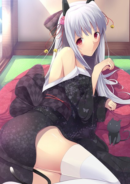 Anime picture 800x1132 with original daiaru single long hair tall image looking at viewer red eyes bare shoulders animal ears white hair tail traditional clothes japanese clothes animal tail cat ears cat girl cat tail girl thighhighs animal