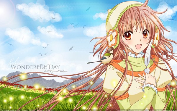 Anime picture 1920x1200 with kobato clamp hanato kobato long hair looking at viewer blush highres open mouth red eyes brown hair wide image sky cloud (clouds) inscription wallpaper girl plant (plants) animal bird (birds) grass