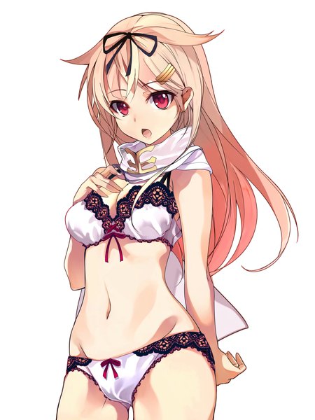 Anime picture 1200x1600 with kantai collection yuudachi destroyer shirokitsune single long hair tall image looking at viewer breasts open mouth light erotic red eyes standing white background bare shoulders midriff underwear only hand on chest lace-trimmed panties remodel (kantai collection) girl