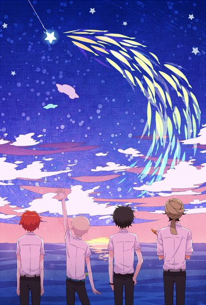 Anime picture 675x1000 with tsuritama a-1 pictures haru (tsuritama) sanada yuki usami natsuki akira agarkar yamada tapioca kai aki (artist) tall image short hair black hair blonde hair sky cloud (clouds) red hair from behind multiple boys hand on hip evening sunset