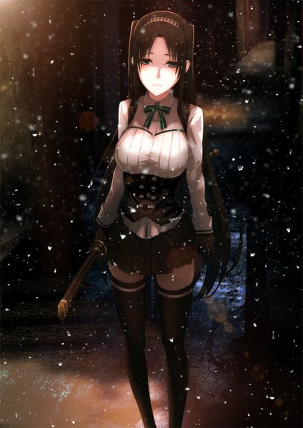 Anime picture 827x1169 with original nike (pixiv) single long hair tall image looking at viewer fringe breasts brown hair large breasts standing holding green eyes pleated skirt from above zettai ryouiki snowing reflection winter street