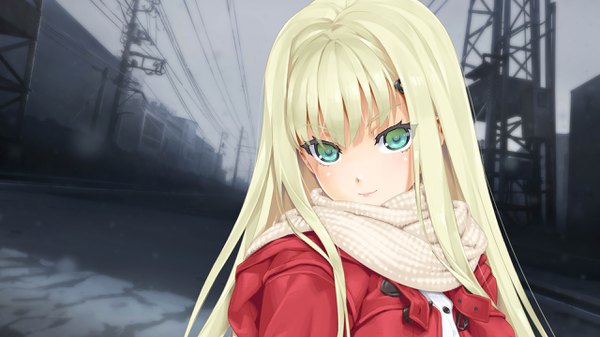 Anime picture 2560x1440 with bishoujo mangekyou (game) omega star kannagi yuuri happoubi jin single long hair looking at viewer fringe highres blonde hair smile wide image green eyes upper body blurry wallpaper lipstick winter snow multicolored eyes