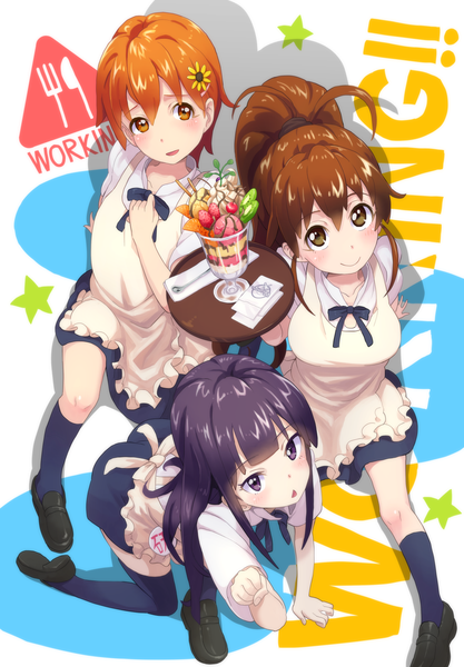 Anime picture 1113x1600 with working!! a-1 pictures yamada aoi taneshima popura inami mahiru silver salt long hair tall image blush short hair smile brown hair multiple girls brown eyes purple hair ponytail orange hair orange eyes girl thighhighs