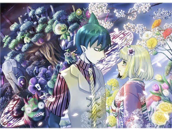 Anime picture 1312x1000 with ao no exorcist a-1 pictures moriyama shiemi amaimon echiyo short hair blonde hair green eyes japanese clothes profile hair flower green hair tears demon girl boy hair ornament flower (flowers) plant (plants) petals