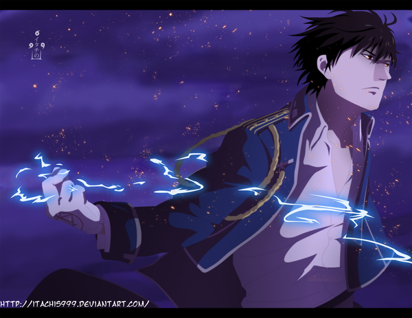 Anime picture 1400x1082 with fullmetal alchemist fullmetal alchemist brotherhood studio bones roy mustang itachis999 single short hair black hair black eyes coloring magic smoke boy gloves uniform shirt military uniform