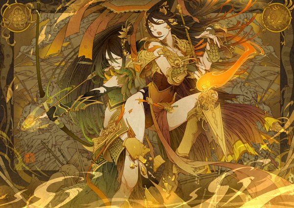 Anime picture 3507x2480 with ching nu yu hun ching nu yu hun 2 akai kamoshi long hair fringe highres open mouth light erotic hair between eyes brown hair multiple girls yellow eyes looking away absurdres wind groin gradient hair battle destruction army