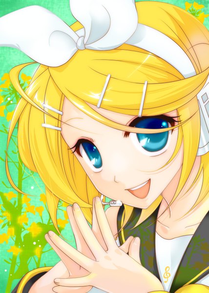 Anime picture 1000x1400 with vocaloid kagamine rin kurafuji sachi tall image short hair open mouth blue eyes blonde hair fingers together girl hair ornament bow hair bow headphones bobby pin