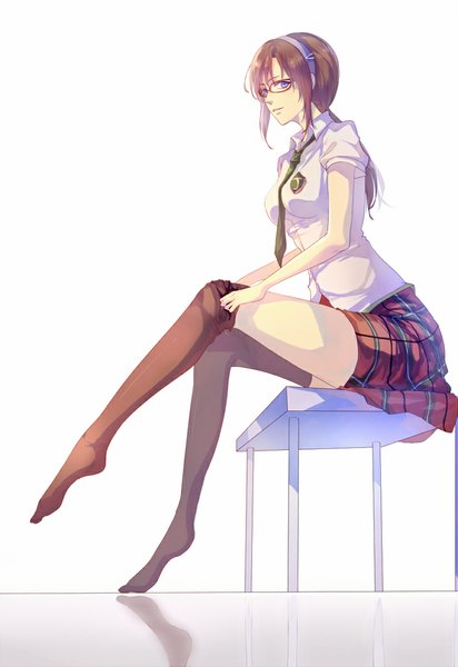 Anime picture 708x1030 with neon genesis evangelion gainax makinami mari illustrious single long hair tall image looking at viewer blue eyes brown hair white background sitting full body girl thighhighs skirt shirt glasses necktie hairband