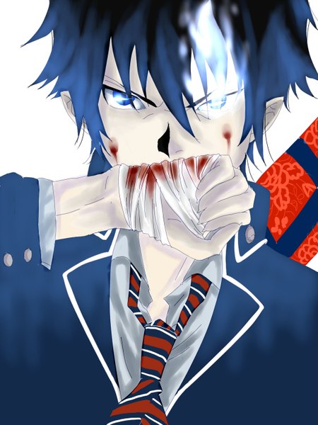 Anime picture 1050x1400 with ao no exorcist a-1 pictures okumura rin single tall image short hair blue eyes black hair simple background white background pointy ears open clothes open shirt glowing glowing eye (eyes) serious boy uniform school uniform shirt