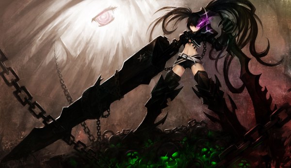 Anime picture 1920x1111 with black rock shooter insane black rock shooter zhuore zhi hen single long hair highres black hair wide image purple eyes twintails midriff glowing glowing eye (eyes) girl weapon sword jacket shorts chain skull