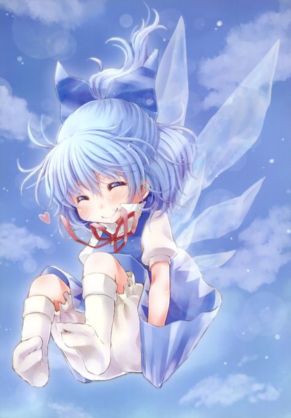 Anime picture 2106x3022 with touhou cirno tall image highres smile blue hair sky eyes closed girl bow wings