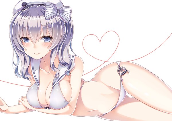 Anime picture 1150x812 with kantai collection kashima training cruiser z3 destroyer (max schultz) yuzu-aki single long hair looking at viewer blush fringe breasts light erotic simple background smile hair between eyes large breasts white background twintails bare shoulders silver hair lying