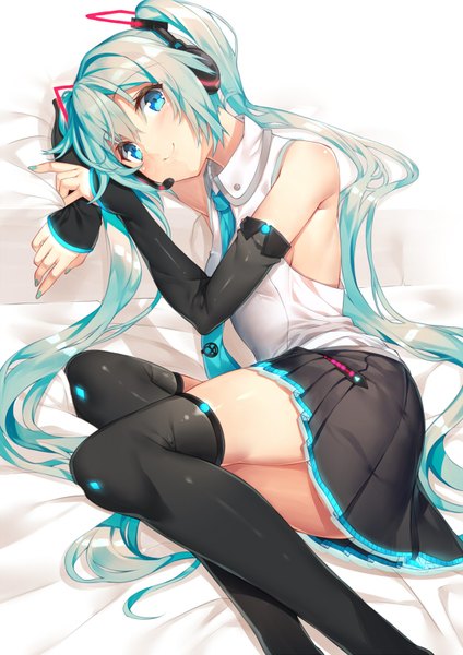 Anime picture 566x800 with vocaloid hatsune miku yappen single tall image blue eyes light erotic smile twintails very long hair aqua hair girl thighhighs skirt black thighhighs detached sleeves miniskirt headphones