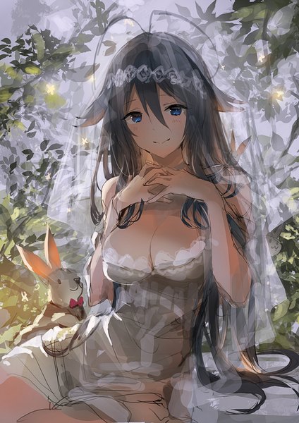 Anime picture 600x849 with lm7 (op-center) long hair tall image looking at viewer breasts blue eyes light erotic black hair smile large breasts sitting bare shoulders girl dress plant (plants) animal white dress bowtie leaf (leaves) grass