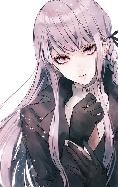 Anime picture 582x921 with dangan ronpa kirigiri kyouko sakuyu single long hair tall image looking at viewer fringe pink hair pink eyes wind portrait side braid girl gloves bow hair bow black gloves