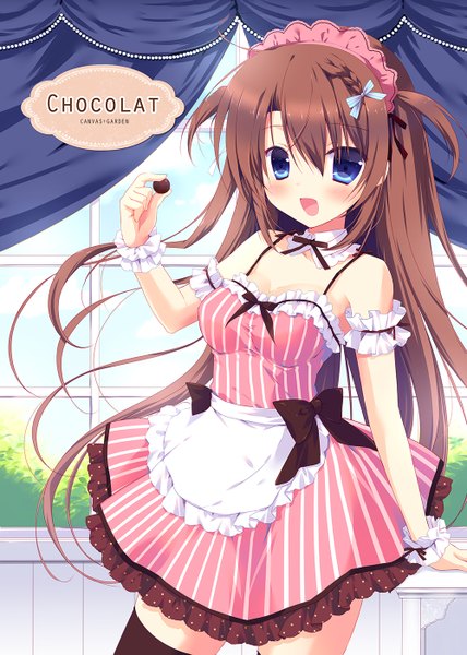 Anime picture 1000x1401 with original miyasaka miyu single tall image looking at viewer blush fringe open mouth blue eyes hair between eyes brown hair bare shoulders :d maid girl dress bow food frills headdress