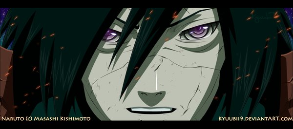 Anime picture 1280x567 with naruto studio pierrot naruto (series) uchiha madara kyuubii9 single short hair open mouth black hair smile wide image night grey eyes night sky coloring letterboxed close-up face rinnegan armor