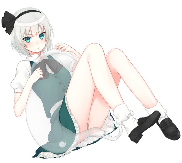 Anime picture 1023x916 with touhou konpaku youmu myon lio (rumei2265874644) single looking at viewer blush fringe short hair light erotic simple background white background sitting silver hair full body aqua eyes dutch angle pantyshot embarrassed pantyshot sitting