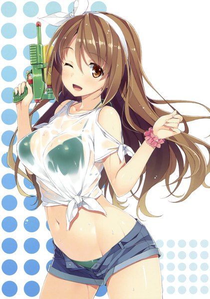 Anime picture 2387x3403 with original yuuki hagure single long hair tall image blush fringe highres open mouth light erotic simple background smile hair between eyes brown hair standing bare shoulders brown eyes absurdres one eye closed wink