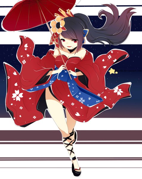 Anime picture 1024x1291 with cosmic break ouka (cosmic break) hanehi single long hair tall image black hair smile red eyes ponytail traditional clothes japanese clothes hair flower lips mole lipstick mole under mouth girl hair ornament flower (flowers)