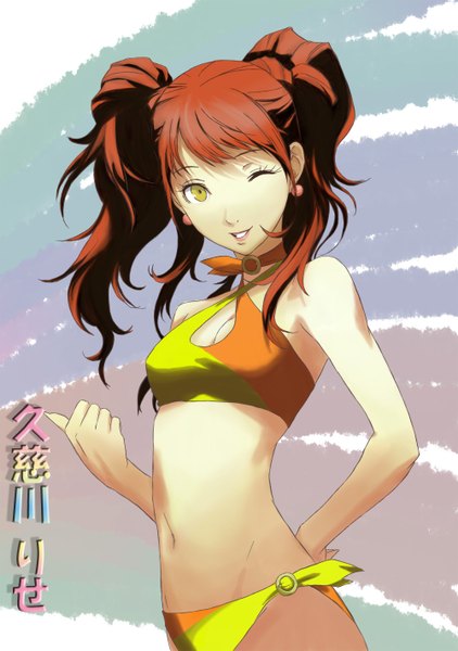 Anime picture 1000x1420 with persona 4 persona kujikawa rise single long hair tall image looking at viewer breasts open mouth light erotic smile brown hair twintails bare shoulders one eye closed lips wink inscription girl navel
