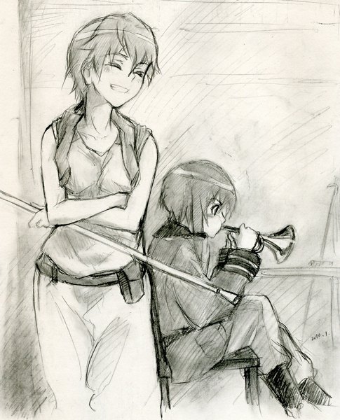 Anime picture 828x1024 with sora no woto a-1 pictures sorami kanata maria (sora no woto) kisetsu tall image blush fringe short hair breasts smile standing multiple girls eyes closed profile monochrome crossed arms traditional media sketch playing instrument