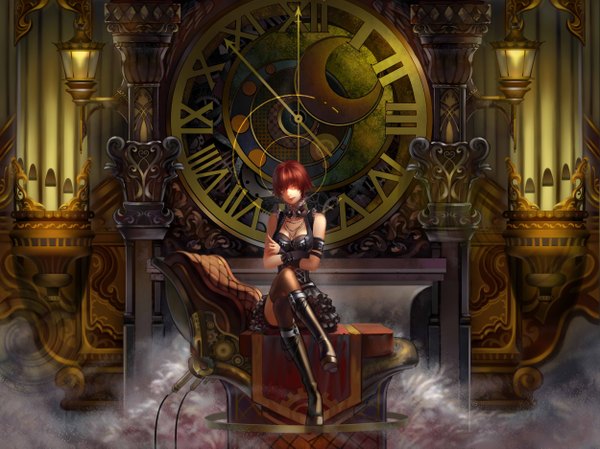 Anime picture 5000x3746 with original fenbei single looking at viewer highres short hair red eyes brown hair sitting absurdres indoors crossed legs crossed arms fog steam punk girl thighhighs choker frills knee boots