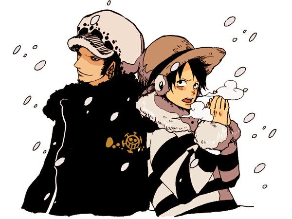 Anime picture 1024x768 with one piece toei animation monkey d. luffy trafalgar law motsuo blush short hair open mouth black hair simple background smile white background black eyes multiple boys teeth snowing striped exhalation boy hat