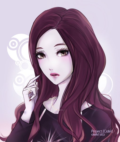 Anime picture 800x941 with original mint-053 single long hair tall image looking at viewer simple background brown eyes signed pink hair nail polish parted lips arm up lips lipstick gradient background portrait wavy hair pale skin pink lipstick