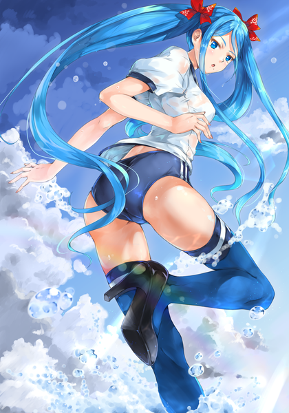 Anime picture 1400x2000 with aoki hagane no arpeggio takao (aoki hagane no arpeggio) follen (639594) single long hair tall image blush fringe open mouth blue eyes light erotic twintails blue hair sky cloud (clouds) bent knee (knees) ass looking back :o from below