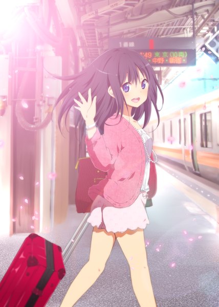 Anime picture 800x1122 with original ragho no erika single long hair tall image looking at viewer blush open mouth blue eyes black hair girl dress train suitcase train station