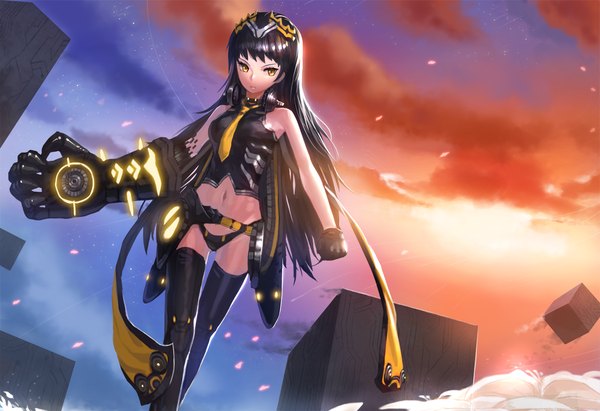 Anime picture 1346x924 with original kfr single long hair light erotic black hair bare shoulders yellow eyes looking away sky cloud (clouds) evening sunset girl thighhighs gloves navel black thighhighs headphones fist