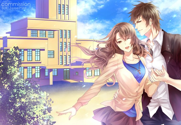 Anime picture 1440x1000 with original sukiblog long hair short hair open mouth smile brown hair brown eyes profile one eye closed wink holding hands girl boy shirt necktie pendant building (buildings)