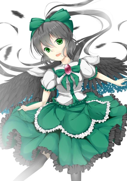 Anime picture 2480x3508 with touhou reiuji utsuho zukapin single long hair tall image highres open mouth black hair green eyes starry sky print girl thighhighs dress bow black thighhighs hair bow wings frills