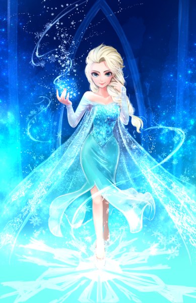 Anime picture 2187x3370 with frozen (disney) disney elsa (frozen) nyu (artist) single long hair tall image looking at viewer blush highres blue eyes blonde hair smile standing bare shoulders braid (braids) girl dress shoes snowflake (snowflakes)