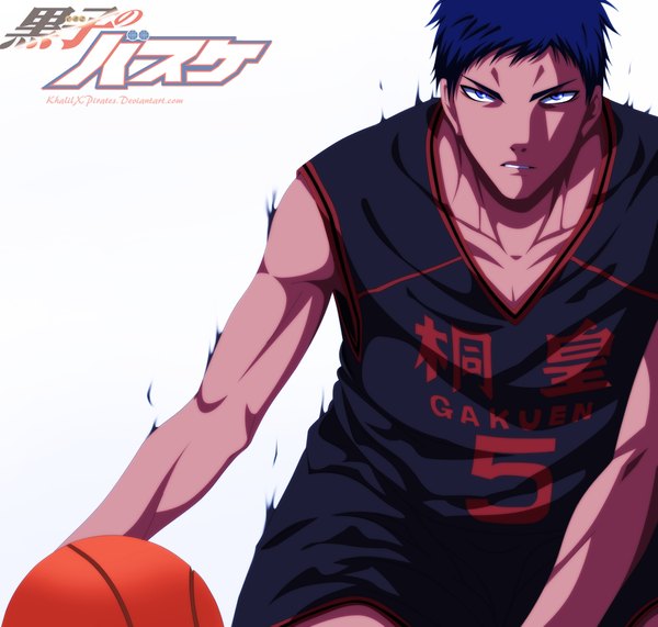 Anime picture 1050x1000 with kuroko no basket production i.g aomine daiki khalilxpirates single short hair blue eyes simple background white background blue hair lips dark skin muscle serious clothes writing boy uniform gym uniform ball basketball ball