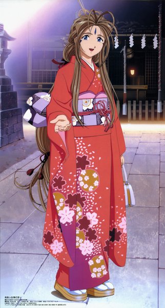 Anime picture 2087x3889 with aa megami-sama megami magazine anime international company belldandy single long hair tall image highres open mouth blue eyes brown hair traditional clothes japanese clothes scan official art facial mark girl kimono obi