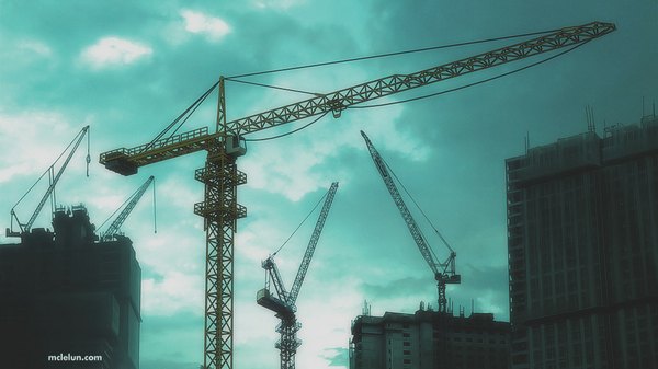 Anime picture 1024x576 with original mclelun wide image signed sky city cityscape no people building (buildings) crane