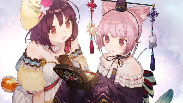 Anime picture 1280x720 with atelier (series) atelier sophie gust (company) sophie neuenmuller cornelia (atelier) noco (adamas) blush fringe short hair open mouth wide image bare shoulders multiple girls holding brown eyes pink hair upper body outdoors red hair long sleeves