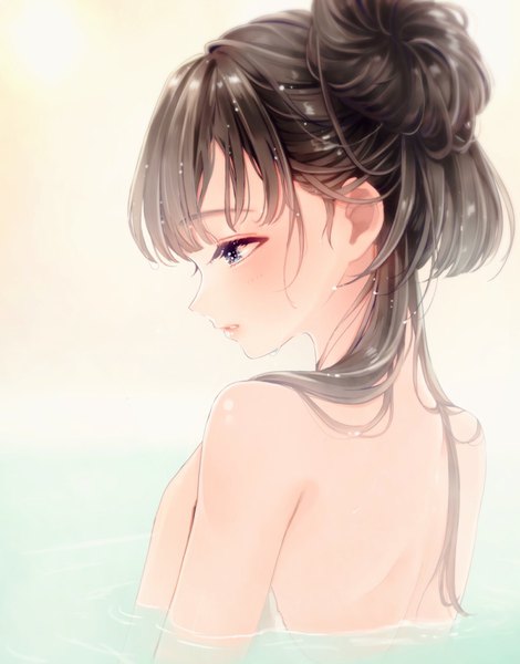 Anime picture 898x1146 with idolmaster idolmaster cinderella girls kobayakawa sae magako single long hair tall image blush fringe blue eyes light erotic brown hair upper body blunt bangs profile nude hair bun (hair buns) partially submerged alternate hairstyle hair up