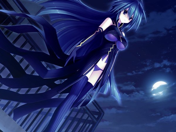 Anime picture 1024x768 with the shapeshifter ahes cornwall long hair blue eyes light erotic blue hair game cg night girl moon