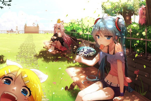 Anime picture 1600x1067 with vocaloid hatsune miku kagamine rin ia (vocaloid) qys3 long hair looking at viewer blush short hair open mouth blue eyes blonde hair smile twintails multiple girls holding pink hair ahoge braid (braids) pleated skirt