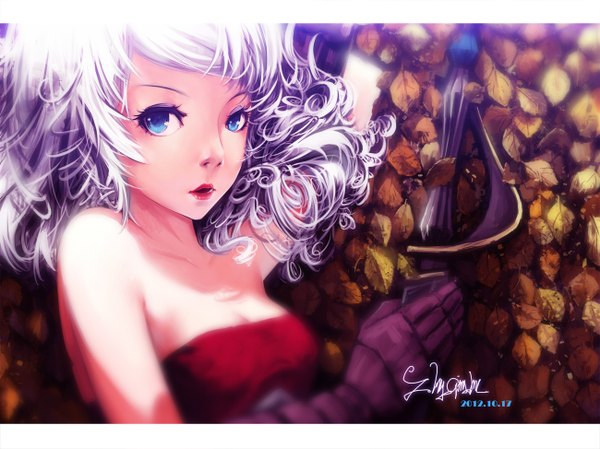 Anime picture 1300x973 with original cici single long hair looking at viewer blush open mouth blue eyes bare shoulders holding signed purple hair white hair lying multicolored hair from above lipstick wavy hair eyeshadow girl