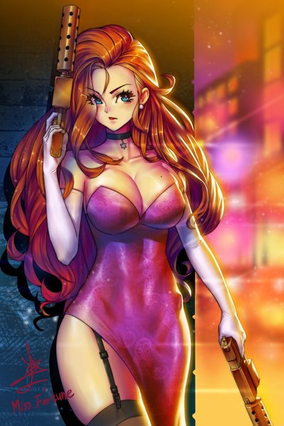 Anime picture 600x900 with league of legends miss fortune (league of legends) suerte single long hair tall image breasts blue eyes light erotic large breasts orange hair mole lipstick eyebrows red lipstick makeup girl thighhighs dress gloves
