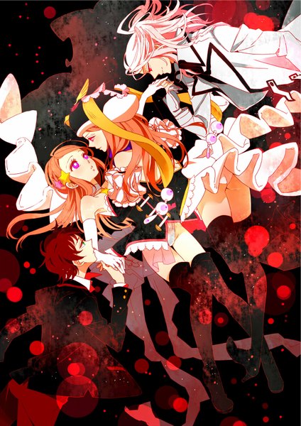 Anime picture 1240x1753 with mawaru penguindrum takakura himari princess of the crystal takakura kanba watase sanetoshi ateka (artist) long hair tall image short hair smile brown hair multiple girls green eyes pink hair red hair profile pink eyes multiple boys kiss multiple persona