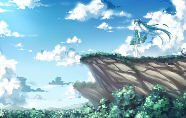 Anime picture 1094x700 with vocaloid hatsune miku akano sakura long hair twintails sky cloud (clouds) aqua eyes aqua hair mountain girl thighhighs white thighhighs sundress