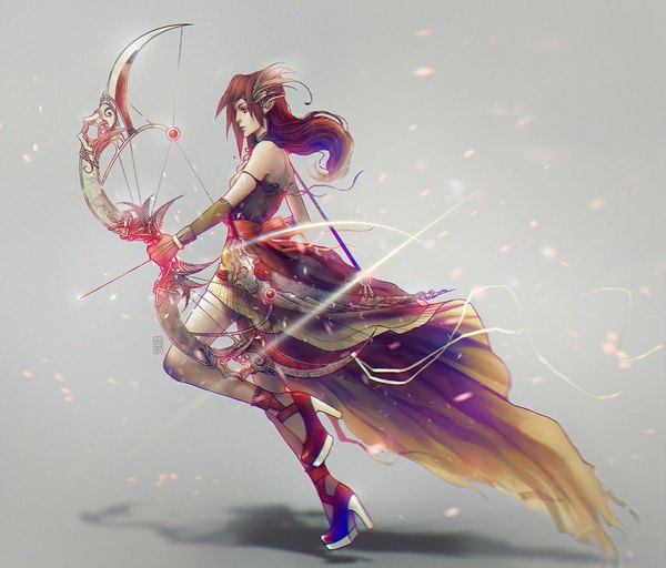 Anime picture 1024x875 with original valentina remenar single long hair simple background red eyes brown hair bare shoulders profile pointy ears grey background shadow girl dress hair ornament feather (feathers) bow (weapon) arrow (arrows)