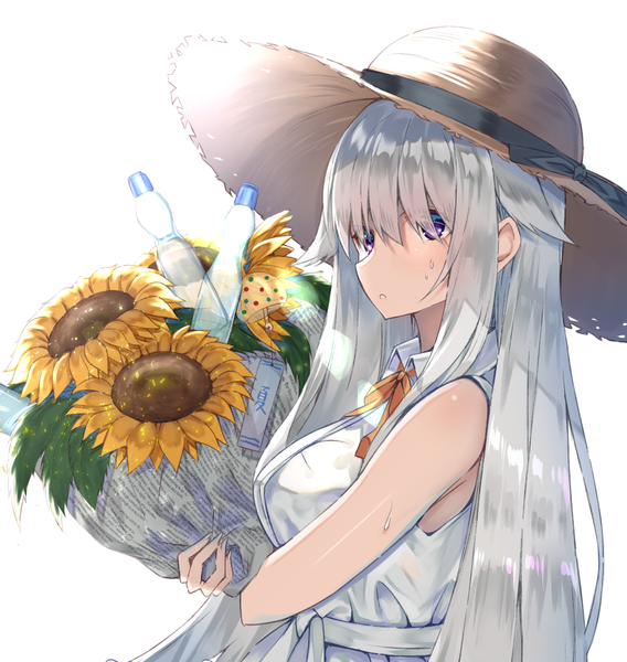 Anime picture 861x909 with original kanikou single long hair tall image simple background white background purple eyes holding silver hair upper body sweat sweatdrop summer hair over eyes girl dress flower (flowers) hat white dress