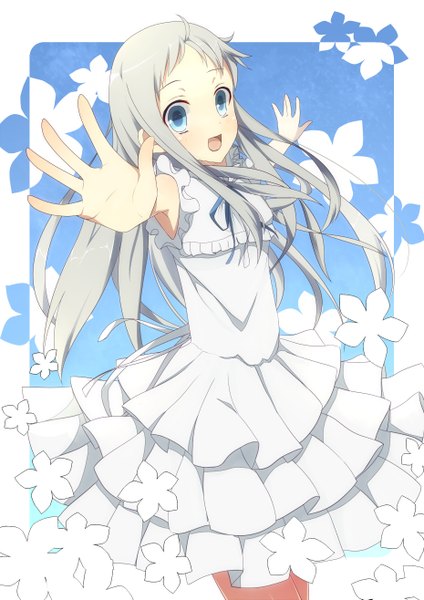 Anime picture 1860x2630 with ano hi mita hana no namae wo bokutachi wa mada shiranai a-1 pictures honma meiko samegami single long hair tall image highres open mouth blue eyes blonde hair border spread arms girl flower (flowers) sundress