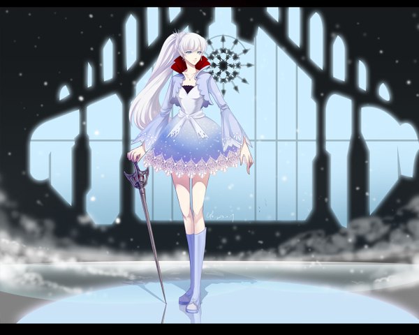 Anime picture 1280x1024 with rwby rooster teeth weiss schnee gu (pixiv id4086399) single long hair blue eyes looking away silver hair ponytail light smile side ponytail snowing letterboxed winter girl dress weapon sword boots